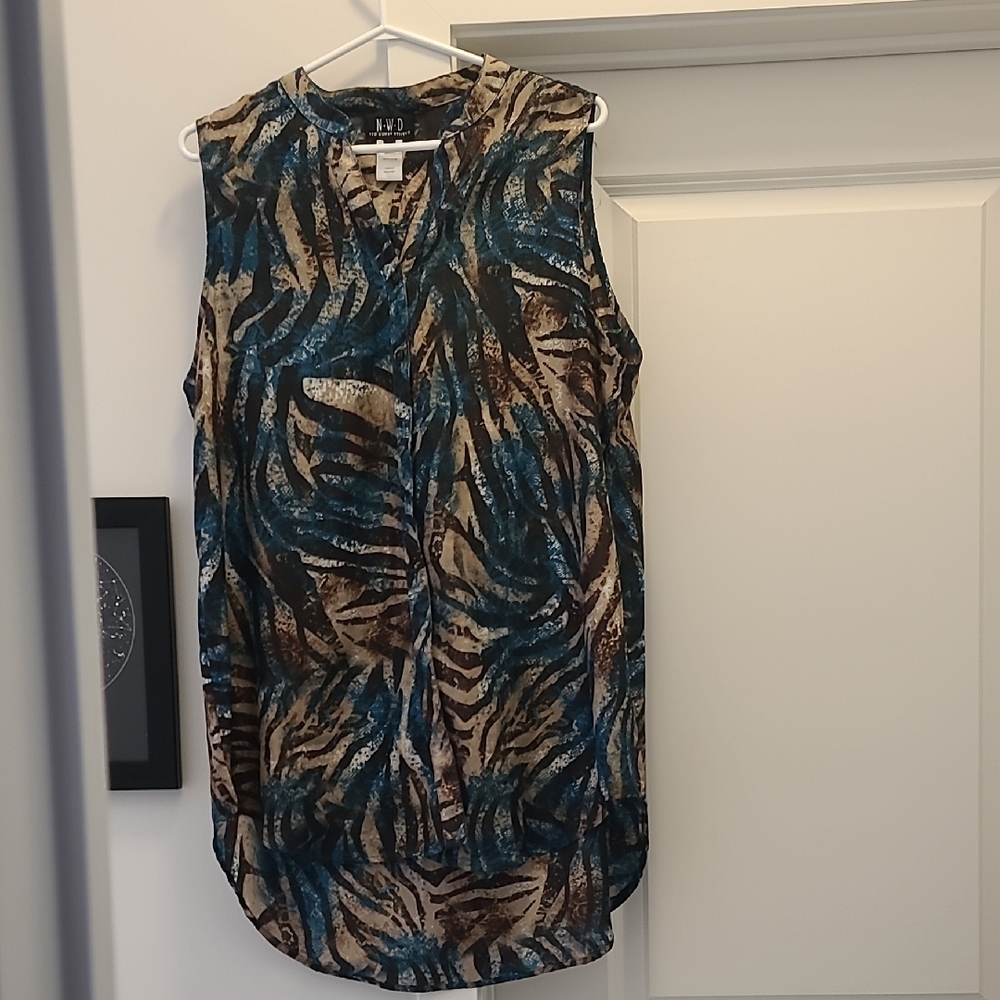 Blue and Brown Blouse with Mandarin Collar